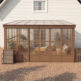 Wall-Mounted Sunroom with Sloped Polycarbonate Roof and Sliding Doors, All-Season Enclosed Patio Room for Home Extension