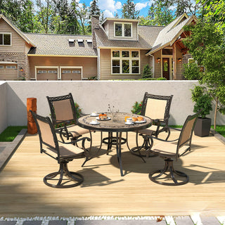 5-Piece Aluminum Patio Swivel Dining Set with 360° Teslin Chairs & Ceramic Table – Durable, Rust-Resistant Outdoor Furniture
