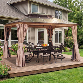 Aetherdome Permanent Aluminum Outdoor Hardtop Gazebo – Pavilion with Double Roof, Curtains & Netting