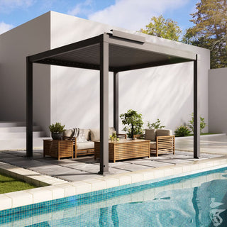 Motorized Aluminum Louvered Pergola with Integrated LED Lights – Modern Adjustable Outdoor Patio Gazebo