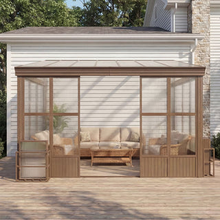 Wall-Mounted Sunroom with Sloped Polycarbonate Roof and Sliding Doors, All-Season Enclosed Patio Room for Home Extension