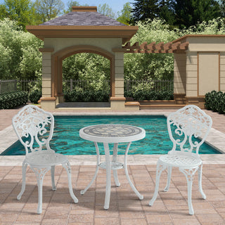 3-Piece White/Bronze Cast Aluminum Outdoor Bistro Set with Round Ceramic Tile Tabletop & 2 Armless Chairs for Patio, Garden & Balcony