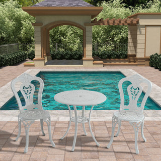3-Piece White/Bronze Cast Aluminum Outdoor Bistro Set with Round Standard Height Table & 2 Armless Chairs for Patio, Garden & Balcony