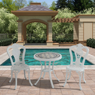 Mondawe 3-Piece White/Bronze Cast Aluminum Outdoor Bistro Set with Round Ceramic Tile Tabletop & 2 Armless Chairs for Patio & Garden