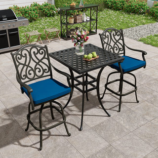 3-Piece Patio Bistro Set – Cast Aluminum Table & 2 Swivel Chairs with Cushions