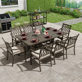9-Piece Patio Dining Set – Cast Aluminum Rectangular Table & 8 Cushioned Chairs
