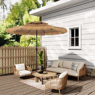 9FT/10FT 2-Tier Thatched Tiki Patio Umbrella with Crank – Natural Color, Beach-Style Sunshade