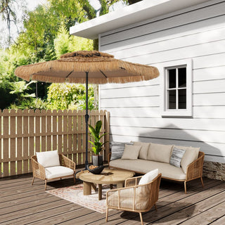 9FT/10FT 2-Tier Thatched Tiki Patio Umbrella with Crank – Natural Color, Beach-Style Sunshade