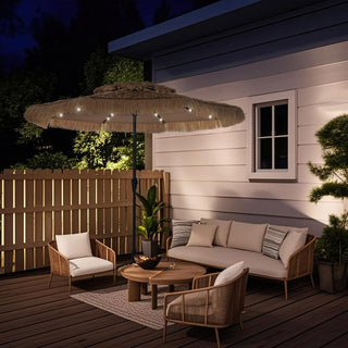 9FT/10FT 2-Tier Thatched Tiki Patio Umbrella with Crank – Natural Color, Beach-Style Sunshade
