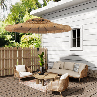 9FT/10FT 2-Tier Thatched Tiki Patio Umbrella with Crank – Natural Color, Beach-Style Sunshade