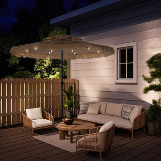 9FT/10FT 2-Tier Thatched Tiki Patio Umbrella with Crank – Natural Color, Beach-Style Sunshade