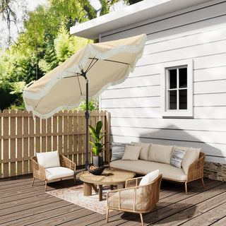 9 FT Tassel Market Patio Umbrella with Full Fiberglass Rib in Cream/Beige/Tan