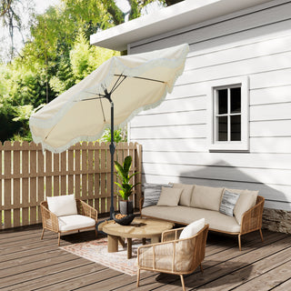 9 FT Tassel Market Patio Umbrella with Full Fiberglass Rib in Cream/Beige/Tan