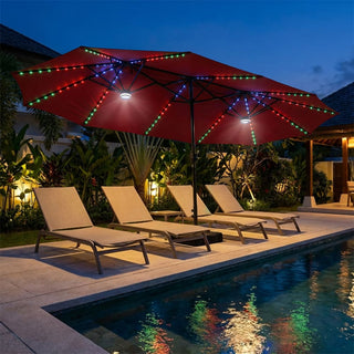 15FT Double-Sided Patio Umbrella with RGB LED Lights & Base – Extra Large Outdoor Market Umbrella for Backyard, Pool & Garden