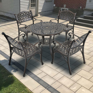 Mondawe 5-Piece Outdoor Cast Aluminum Dining Set with Round Table & 4 Ergonomic Chairs in Bronze/White for Patio & Garden