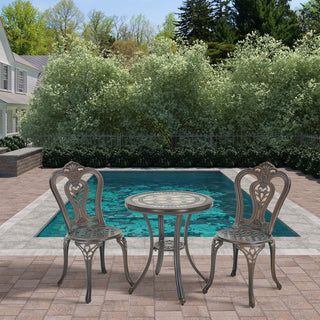 Mondawe 3-Piece White/Bronze Cast Aluminum Outdoor Bistro Set with Round Ceramic Tile Tabletop & 2 Armless Chairs for Patio & Garden