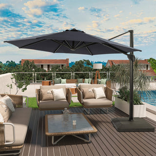 11ft Round Hanging Patio Umbrella – Aluminum Cantilever Market Umbrella with Crank, Base & Navy Blue Canopy