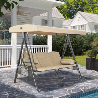 3-Person Steel Patio Swing with Adjustable Canopy & Removable Cushions, Outdoor Porch Swing Chair in Beige