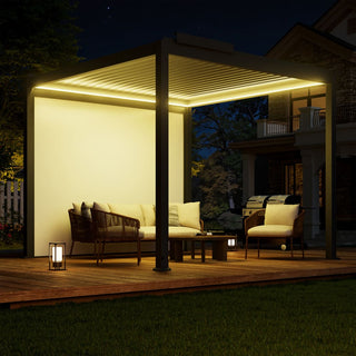 Motorized Aluminum Louvered Pergola with Integrated LED Lights – Modern Adjustable Outdoor Patio Gazebo