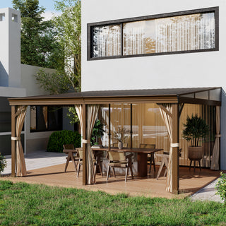 Hardtop Wall Mounted Gazebo with Sloping Galvanized Steel Roof, Aluminum Frame, Drainage System, Curtains and Netting, for Patio, Deck, Garden, Backyard
