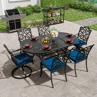 7-Piece Outdoor Dining Set with Cushions – Cast Aluminum Table & Chairs