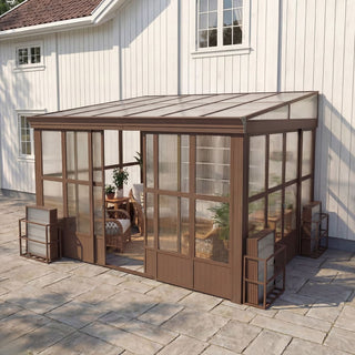 Wall-Mounted Sunroom with Sloped Polycarbonate Roof and Sliding Doors, All-Season Enclosed Patio Room for Home Extension
