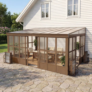 Wall-Mounted Sunroom with Sloped Polycarbonate Roof and Sliding Doors, All-Season Enclosed Patio Room for Home Extension