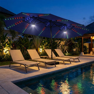 15FT Double-Sided Patio Umbrella with RGB LED Lights & Base – Extra Large Outdoor Market Umbrella for Backyard, Pool & Garden
