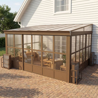 Wall-Mounted Sunroom with Sloped Polycarbonate Roof and Sliding Doors, All-Season Enclosed Patio Room for Home Extension