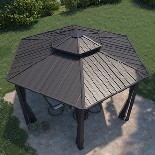 15x15 Ft Hexagon Hardtop Gazebo with Netting, Aluminum Frame Outdoor Patio Pavilion Shelter