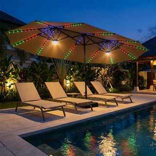 15FT Double-Sided Patio Umbrella with RGB LED Lights & Base – Extra Large Outdoor Market Umbrella for Backyard, Pool & Garden
