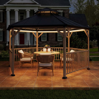 Hexagon Hardtop Gazebo with Solar LED Light – Modern Outdoor Patio Gazebo for Backyard