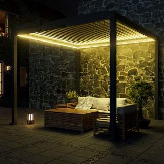 Motorized Aluminum Louvered Pergola with Integrated LED Lights – Modern Adjustable Outdoor Patio Gazebo
