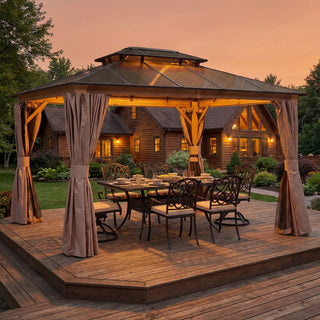 Aetherdome Permanent Aluminum Outdoor Hardtop Gazebo – Pavilion with Double Roof, Curtains & Netting