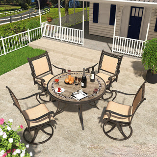 5-Piece Aluminum Patio Swivel Dining Set with 360° Teslin Chairs & Ceramic Table – Durable, Rust-Resistant Outdoor Furniture