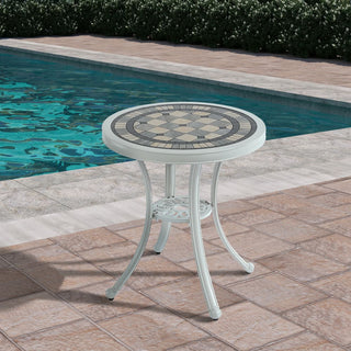 24" Round Cast Aluminum Outdoor Bistro Table with Ceramic Tile Top in Antique Bronze/White, Standard Height for Patio & Garden