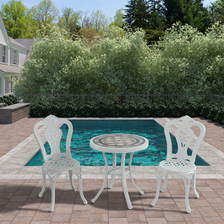 Mondawe 3-Piece White/Bronze Cast Aluminum Outdoor Bistro Set with Round Ceramic Tile Tabletop & 2 Armless Chairs for Patio & Garden