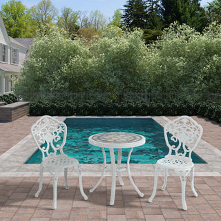 3-Piece White/Bronze Cast Aluminum Outdoor Bistro Set with Round Ceramic Tile Tabletop & 2 Armless Chairs for Patio, Garden & Balcony