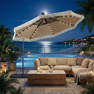 10FT Iron Cantilever Patio Umbrella with Tassels – 360° Rotating Outdoor Offset Umbrella with PU-Coated Polyester Canopy