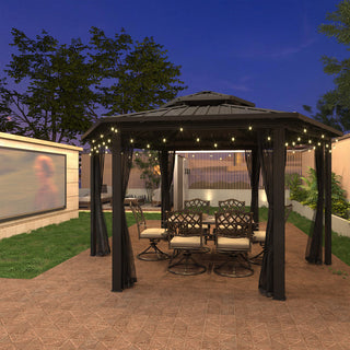 15x15 Ft Hexagon Hardtop Gazebo with Netting, Aluminum Frame Outdoor Patio Pavilion Shelter