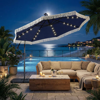 10FT Iron Cantilever Patio Umbrella with Tassels – 360° Rotating Outdoor Offset Umbrella with PU-Coated Polyester Canopy