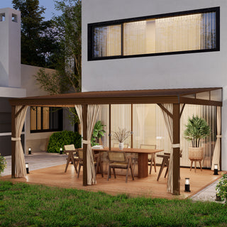 Hardtop Wall Mounted Gazebo with Sloping Galvanized Steel Roof, Aluminum Frame, Drainage System, Curtains and Netting, for Patio, Deck, Garden, Backyard