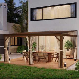 Hardtop Wall Mounted Gazebo with Sloping Galvanized Steel Roof, Aluminum Frame, Drainage System, Curtains and Netting, for Patio, Deck, Garden, Backyard