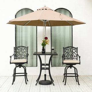 3-Piece Patio Bistro Set – Cast Aluminum Table & 2 Swivel Chairs with Cushions