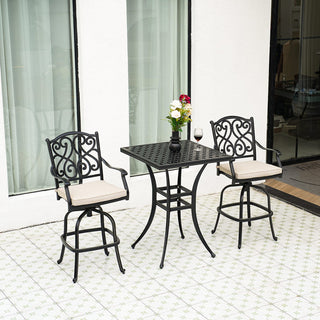 3-Piece Patio Bistro Set – Cast Aluminum Table & 2 Swivel Chairs with Cushions