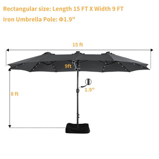 15FT Rectangular Outdoor Umbrella with LED Lights & Base – Day-to-Night Patio Shade for Backyard & Garden