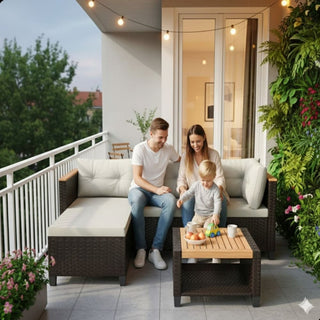 3-Piece L-Shaped Wicker Patio Set with Beige/Gray Cushions and Acacia Wood Storage Table