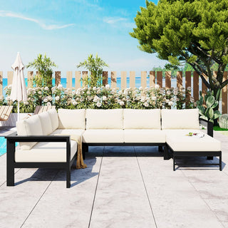 U-Shaped All Weather Patio Sectional Sofa Set, 5-6 Seater Outdoor Conversation Couch with 5.9" Thick Cushions & Heavy Duty Iron Frame for Garden Backyard Poolside