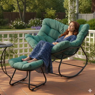 Dark Gray/Light Gray/Green Egg Rocking Chair with Ottoman, All-Weather Wicker Lounge & Cushions