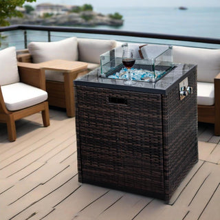 24" Propane Gas Fire Pit Table, 50000 BTU Square Fire Pit, Tile Tabletop with Beautiful Wicker Base for Outside Patio Deck Garden Courtyard-Espresso